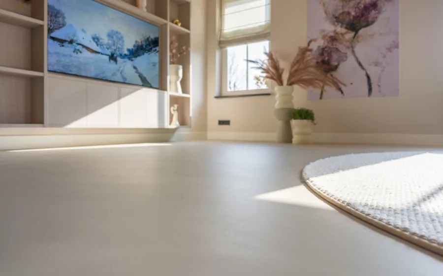 Woonkamer met open tv-meubel op maat in wit en gietvloer in de kleur kiezel.