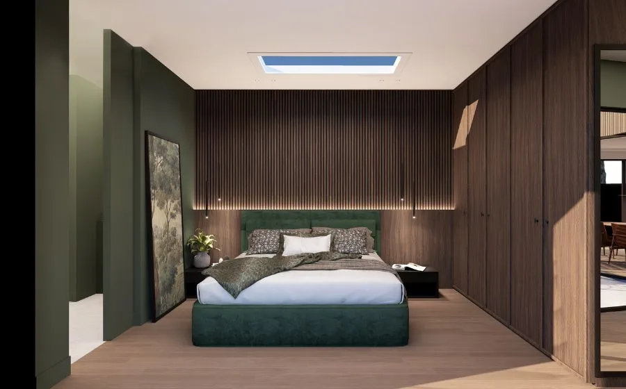 3D-ontwerp van slaapkamer met kast op maat