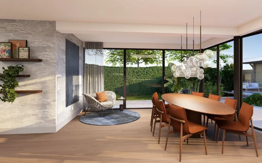 3D-ontwerp van woonkamer met witte inbetweens