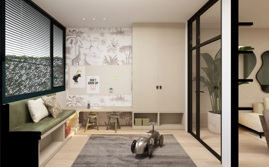 3D-ontwerp van botanische groene speelkamer