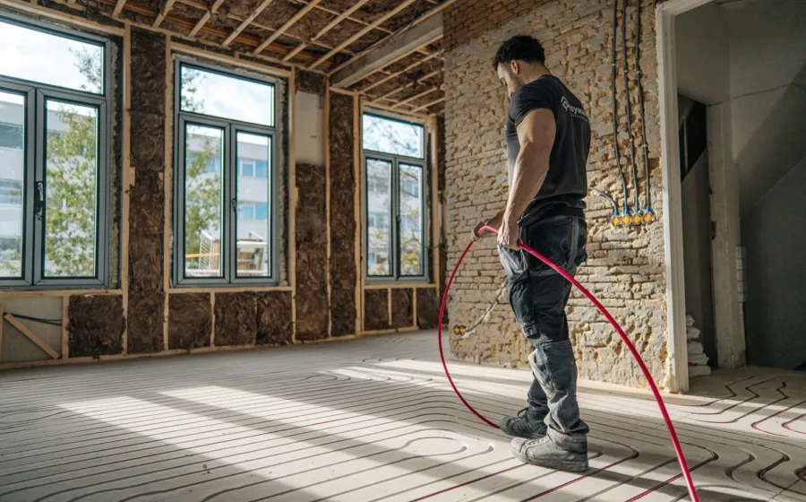 Voorbeeld monteur die vloerverwarming buizen aanlegt.