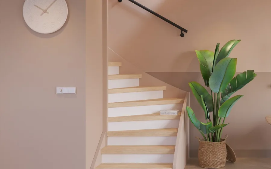 Moderne laminaattrap in lichte houtkleur in een stijlvolle woonkamer