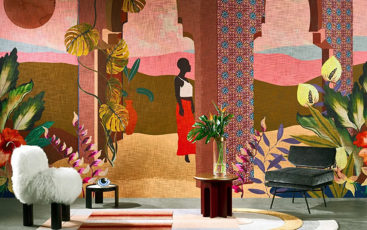 Kleurrijk behang van Arte in de zithoek