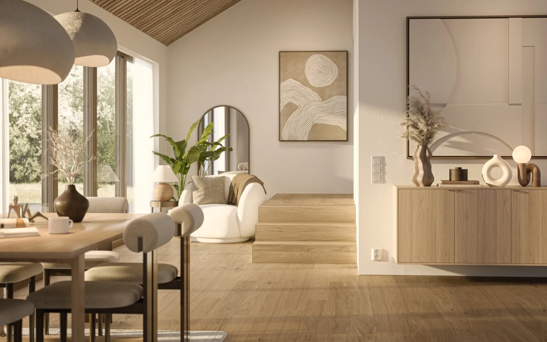 Bjelin Woodura houten vloer in Japandi interieur