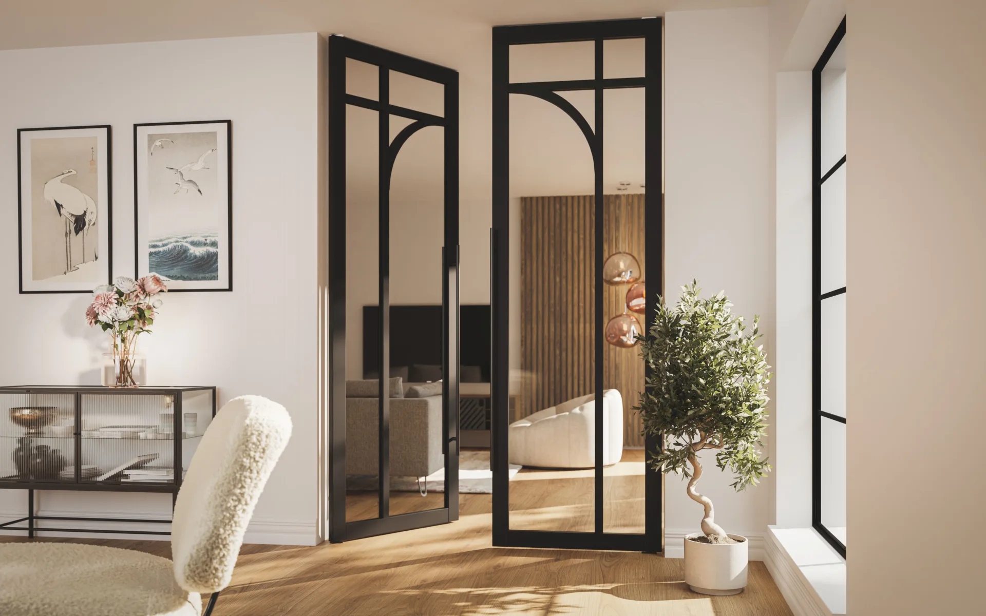 Weekamp houten loft deur met ronde bogen in lichte ruimte