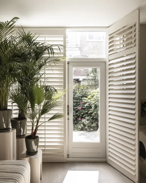 Natuurlijke stijl woonkamer met shutters en kamerplanten.