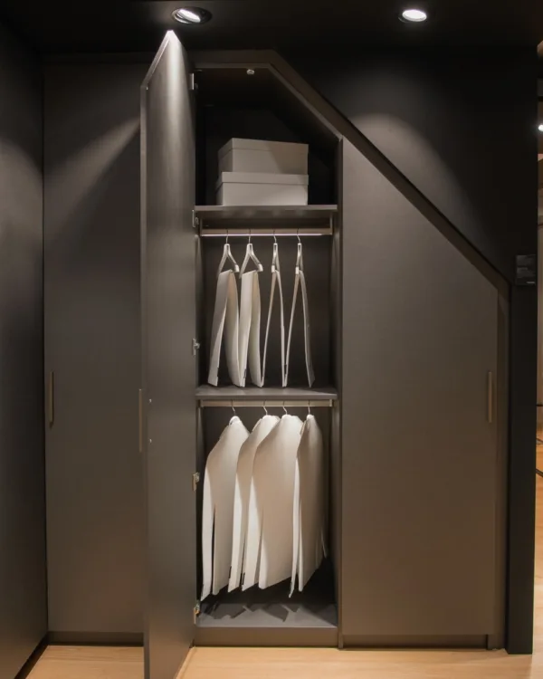 Op maat gemaakte kledingkast onder schuin dak met draaideur, en extra hangplek.