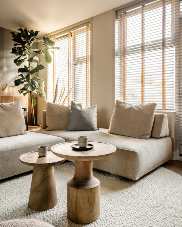 Basic naturel woonkamer met houten lindura vloer, houten jaloezieën