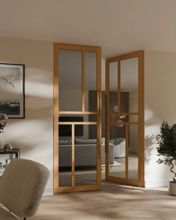 Weekamp houten loftdeur in eikenhout kleur in lichte woonkamer