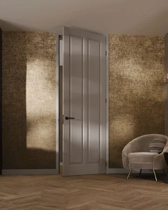 Weekamp houten salon deur zonder glas in woonkamer met donkere kast