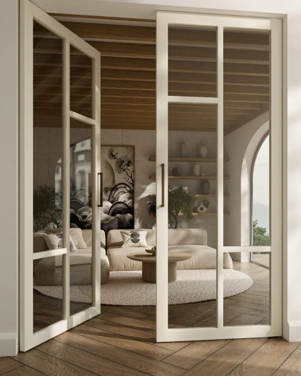 Weekamp houten deur in lichte witte beige kleur in woonkamer met visgraatvloer in japandi stijl