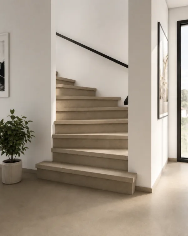 Trap en vloer bekleed met beige marmoleum in een warm interieur.