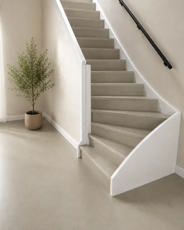 Open trap bekleed met beige marmoleum en een zwarte trapleuning.