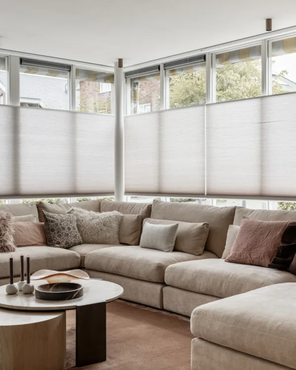Luxaflex Duette shades 0536 als voorraam in een lichte woonkamer met zithoek