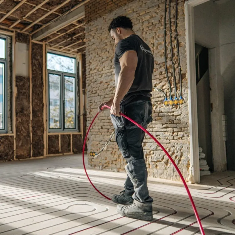 Man legt ingefreesde vloerverwarming in renovatiehuis