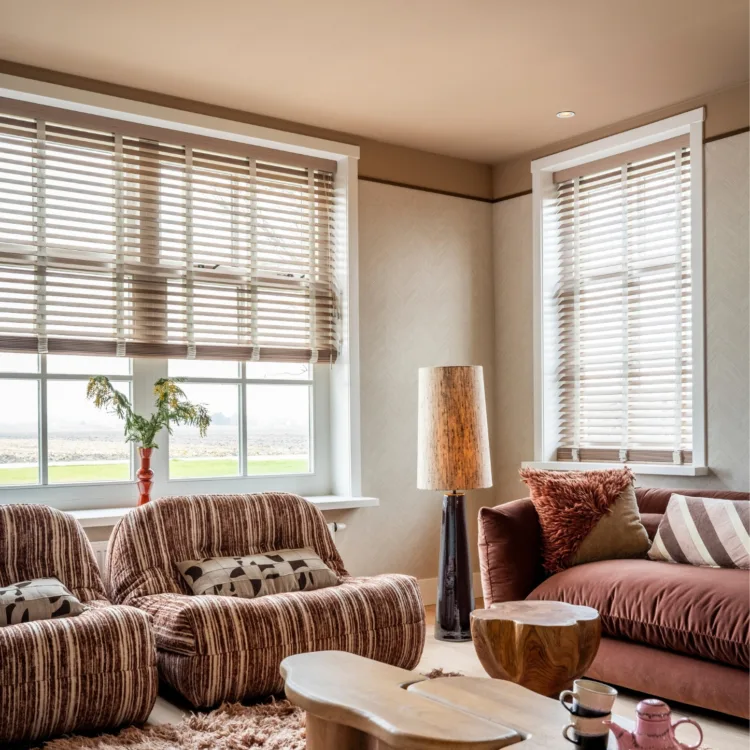 Warmkleurijke woonkamer met fluffy vloerkleed en houten jaloezieën