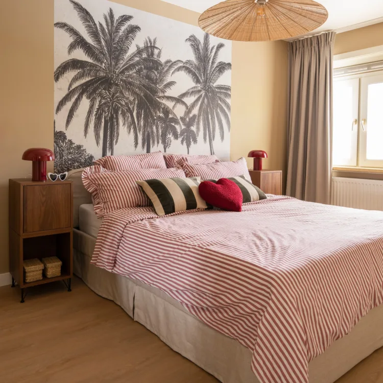 Romantische slaapkamer met zachte kleuren en een comfortabele, ontspannen sfeer.