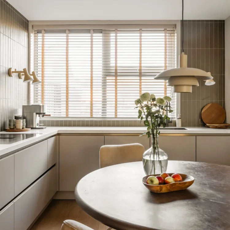 Basic naturel keuken met houten lindura vloer, houten jaloezieën