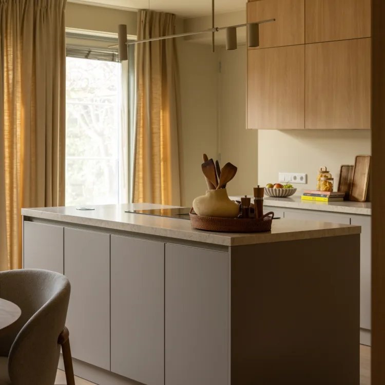 Lichte, stijlvolle keuken met strakke kasten, overzichtelijk en functioneel, perfect voor dagelijks koken en gezinsmomenten.