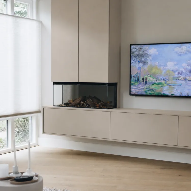 Tv-meubel op maat met elektrische haard in lichte tint - UA92