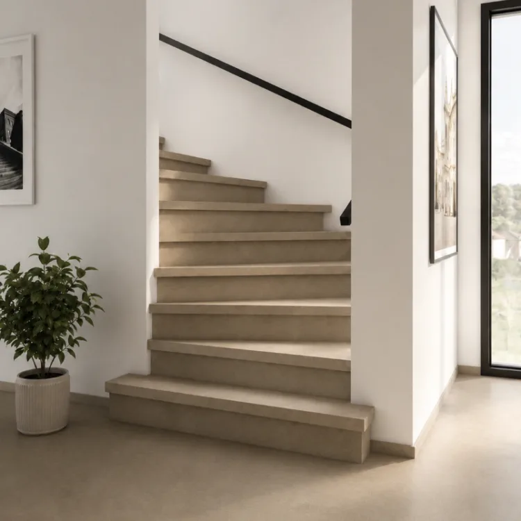 Trap en vloer bekleed met beige marmoleum in een warm interieur.
